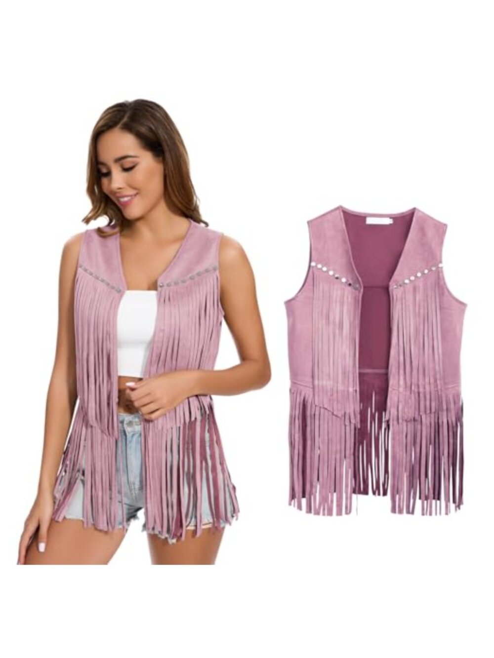 Faux Suede Fringe Vest Sleeveless Cowgirl Western Hippie Costume Halloween